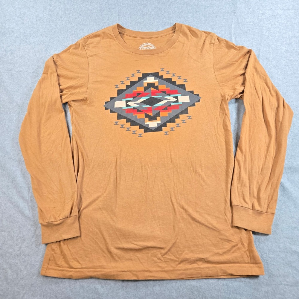 Sterling Kreek Mens Long Sleeve Graphic Tee Tan Southwestern Geometric Size M